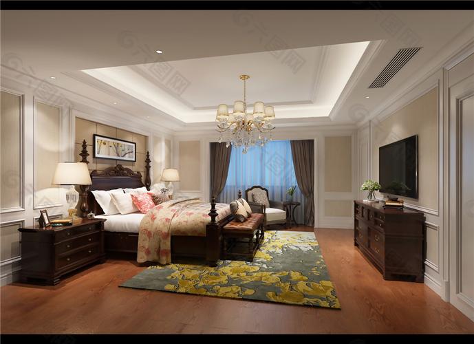 美式清新卧室黄色花朵地毯室内装修效果图
